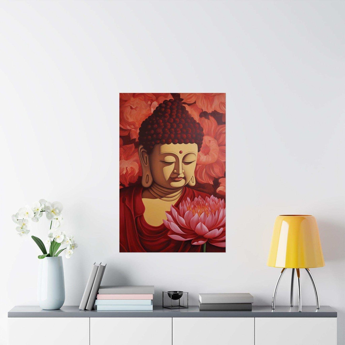 Lotus Tranquility - Red Buddha and Lotus Art Painting -ZenArtBliss