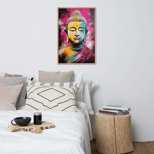A vibrant framed poster of a stylized Modern Buddha Painting hangs on a white wall above a neatly arranged bed with plush pillows and a decorative cushion. A bedside table to the right holds a stack of books beside a white bed covered in crisp linen. A wooden tray with a black bowl and a jar rests on the bed, adding a homely touch to the modern, serene bedroom setting.
