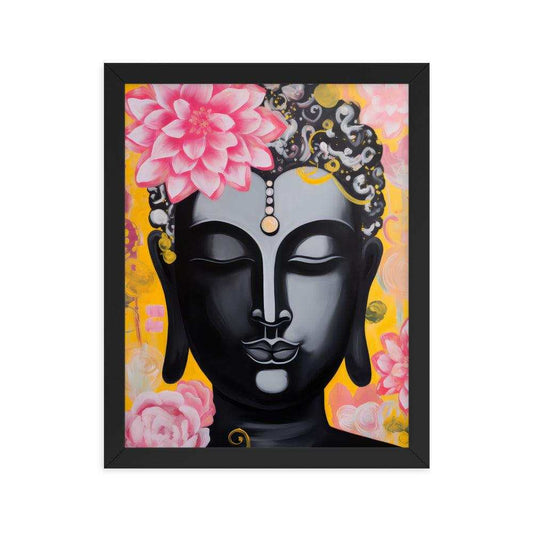 A framed poster depicts a serene black Buddha with a pink lotus on the head and decorative golden and pink flowers on a vibrant yellow background. The artwork, enclosed in a sleek black frame, combines traditional spiritual imagery with a modern, colorful style.