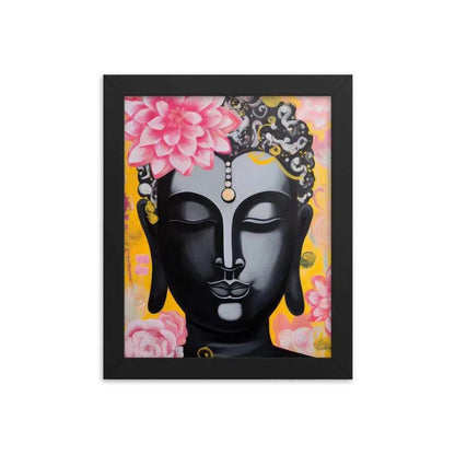 A framed poster depicts a serene black Buddha with a pink lotus on the head and decorative golden and pink flowers on a vibrant yellow background. The artwork, enclosed in a sleek black frame, combines traditional spiritual imagery with a modern, colorful style.