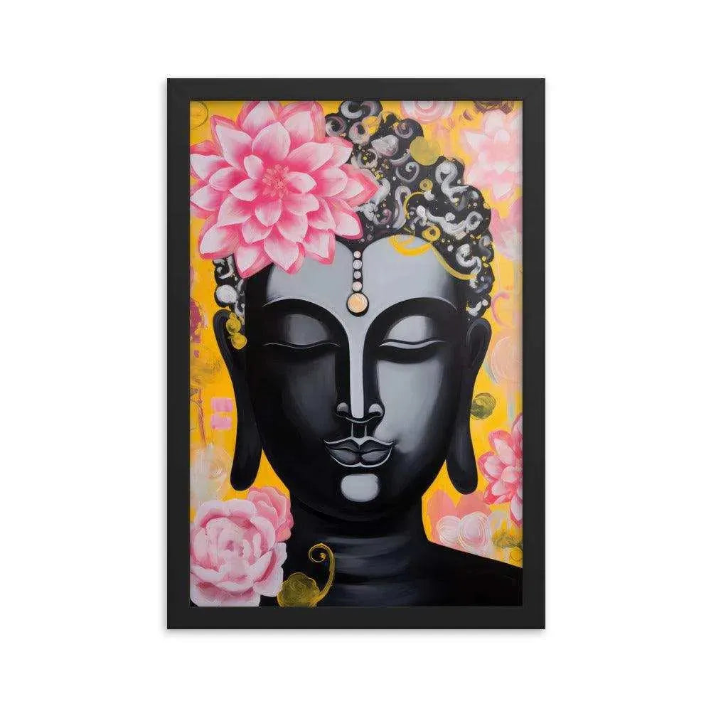 A framed poster depicts a serene black Buddha with a pink lotus on the head and decorative golden and pink flowers on a vibrant yellow background. The artwork, enclosed in a sleek black frame, combines traditional spiritual imagery with a modern, colorful style.