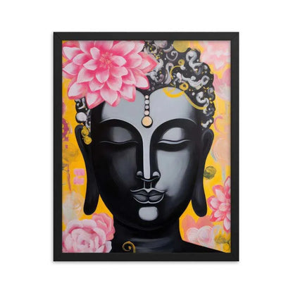 A framed poster depicts a serene black Buddha with a pink lotus on the head and decorative golden and pink flowers on a vibrant yellow background. The artwork, enclosed in a sleek black frame, combines traditional spiritual imagery with a modern, colorful style.