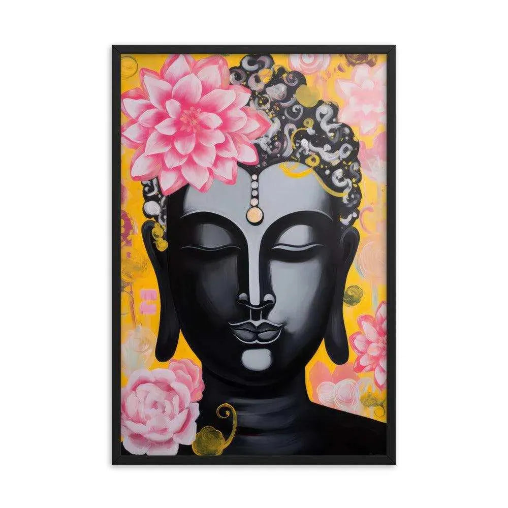 A framed poster depicts a serene black Buddha with a pink lotus on the head and decorative golden and pink flowers on a vibrant yellow background. The artwork, enclosed in a sleek black frame, combines traditional spiritual imagery with a modern, colorful style.