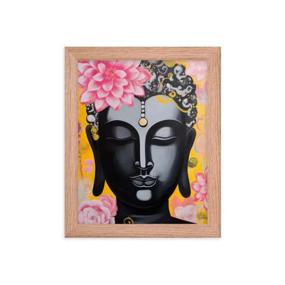 A framed poster depicts a serene black Buddha with a pink lotus on the head and decorative golden and pink flowers on a vibrant yellow background. The artwork, enclosed in a sleek red frame, combines traditional spiritual imagery with a modern, colorful style.