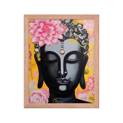 A framed poster depicts a serene black Buddha with a pink lotus on the head and decorative golden and pink flowers on a vibrant yellow background. The artwork, enclosed in a sleek red frame, combines traditional spiritual imagery with a modern, colorful style.