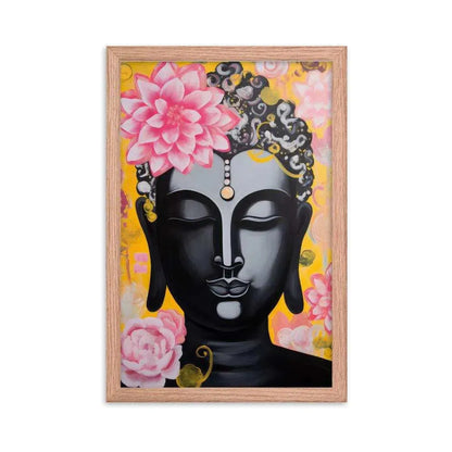 A framed poster depicts a serene black Buddha with a pink lotus on the head and decorative golden and pink flowers on a vibrant yellow background. The artwork, enclosed in a sleek red frame, combines traditional spiritual imagery with a modern, colorful style.