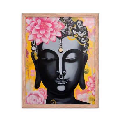 A framed poster depicts a serene black Buddha with a pink lotus on the head and decorative golden and pink flowers on a vibrant yellow background. The artwork, enclosed in a sleek red frame, combines traditional spiritual imagery with a modern, colorful style.