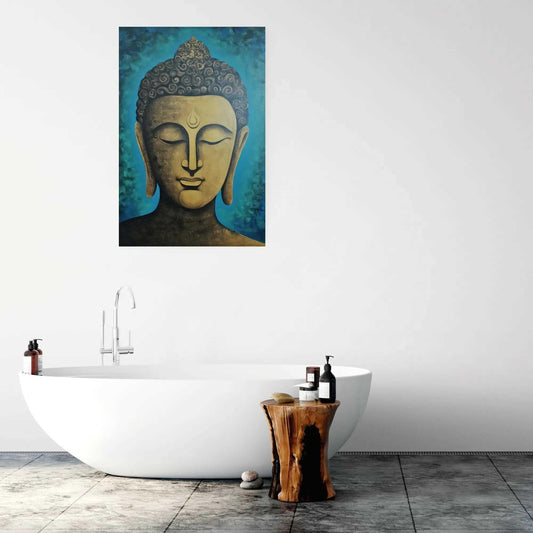 A modern white freestanding bathtub with a rustic wooden stool beside it, under a golden Buddha head wall art.