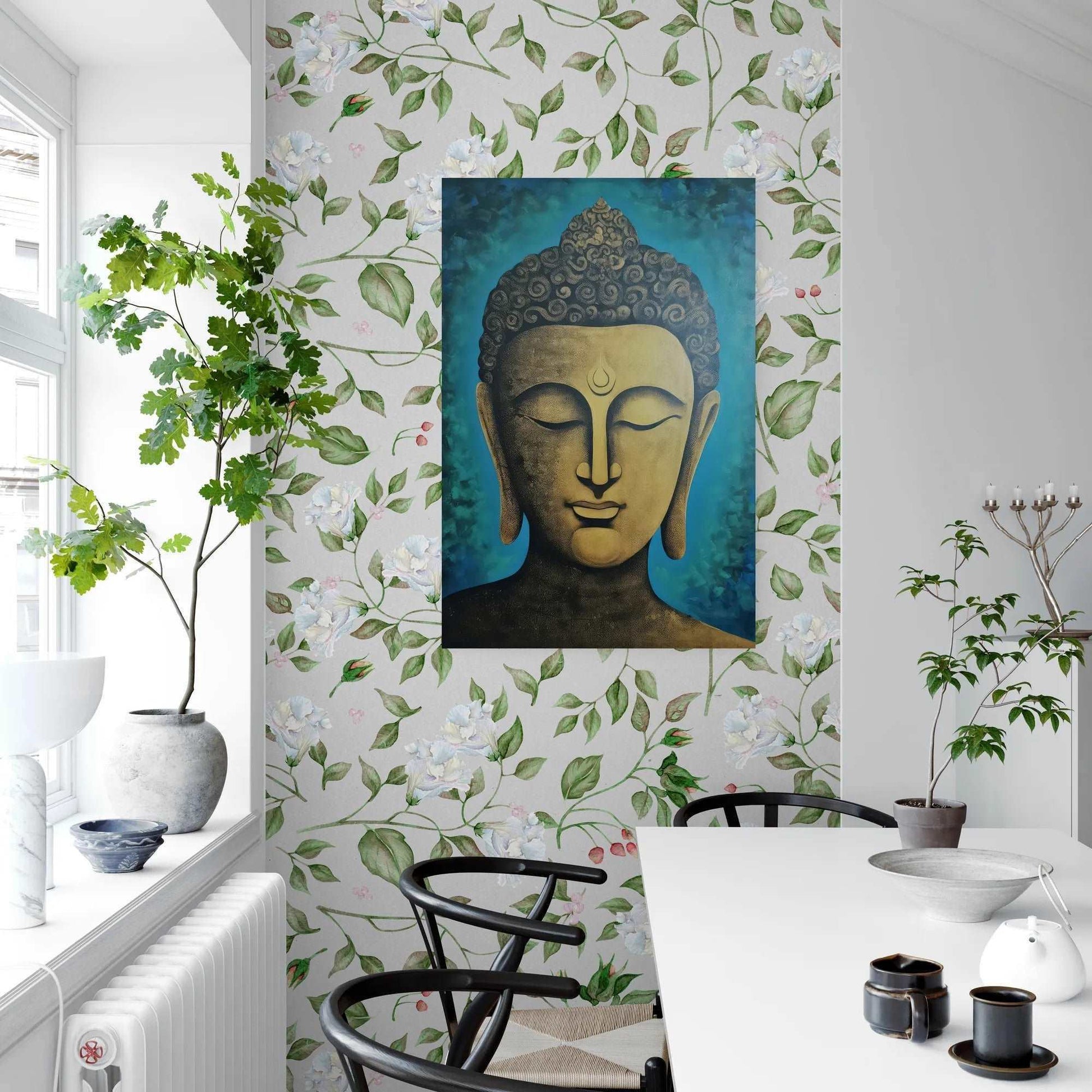 A bright dining area with floral wallpaper featuring a golden Buddha head painting, with a view of a window and greenery.