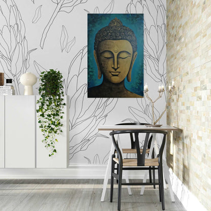 A minimalist home office with a Buddha head wall art, white furniture, a black chair, and a green plant, contrasting with a textured wall.