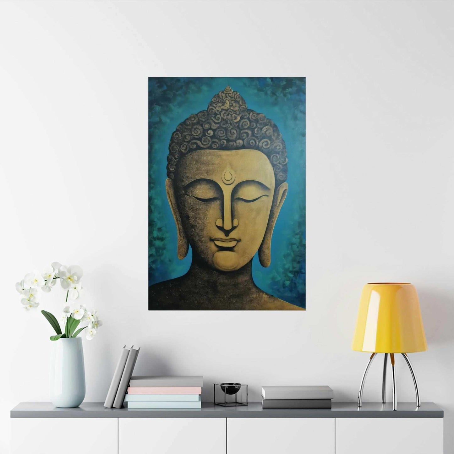 New York Zen Office Decor Golden Buddha Head poster, a striking piece of ZenArtBliss.com's collection, blending tranquility with golden opulence on matte paper.