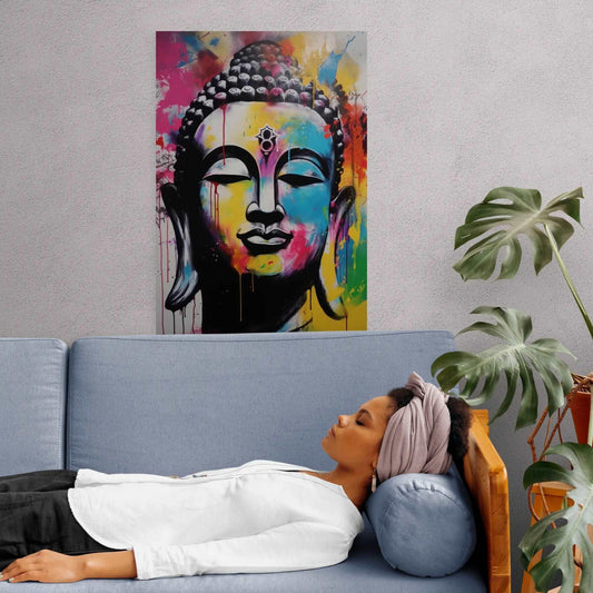 Colorful abstract Buddha artwork on a gray wall in a living setting, providing a backdrop to a woman reclining on a blue couch, evoking a relaxed and contemplative atmosphere