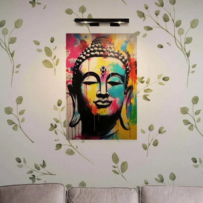 ZenArtBliss.com's Nirvana Poster featuring a colorful abstract Buddha face in 24x36 size on matte paper, symbolizing spiritual awakening.