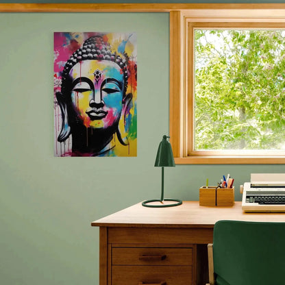 An abstract, colorful Buddha portrait is the focal point in a serene workspace, hanging above a wooden desk with a green desk lamp and typewriter, juxtaposed against a soft green wall.