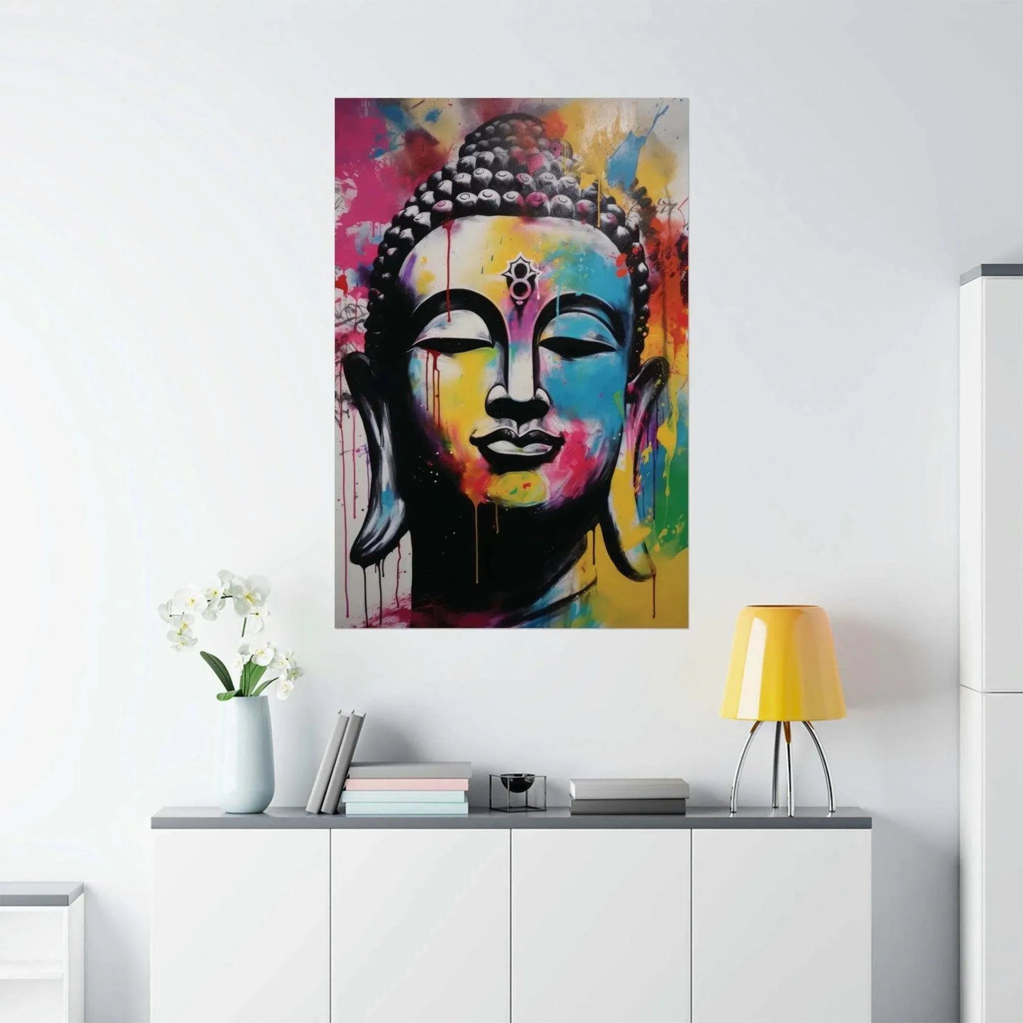 ZenArtBliss.com's Nirvana Poster featuring a colorful abstract Buddha face in 24x36 size on matte paper, symbolizing spiritual awakening.