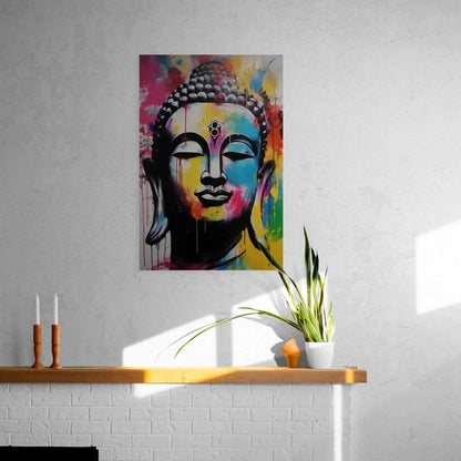 Splashes of vivid colors form an abstract Buddha portrait on a white brick wall, above a floating shelf with candles and a plant, infusing the space with creative energy.