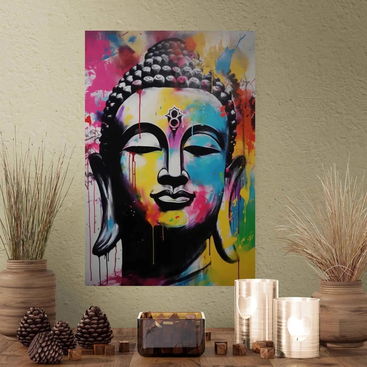 Abstract Buddha painting with explosive colors adorns a textured wall, flanked by rustic decor elements including dried grass in vases and pinecones, blending serenity with modern art.