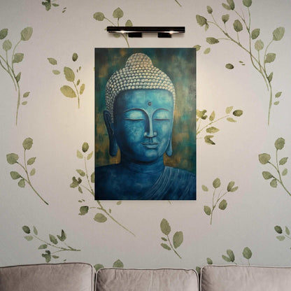 Blue and gold Buddha painting hung on a wall adorned with delicate leaf patterns, adding a serene ambiance to the living space.