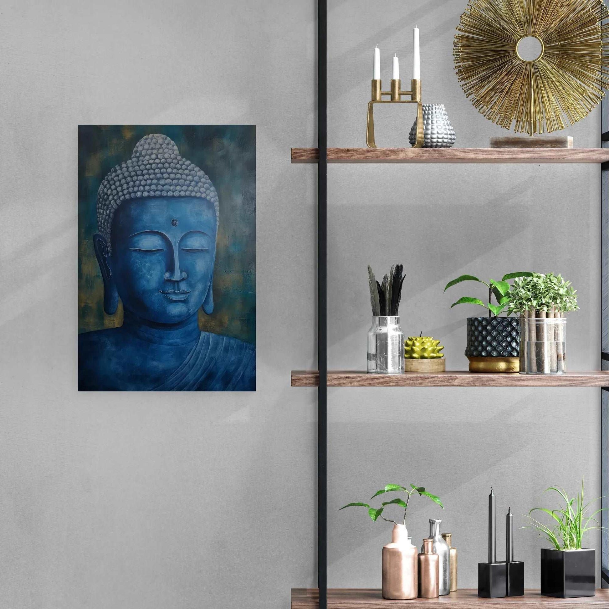 "Contemporary home decor featuring a blue and gold Buddha painting, with floating wooden shelves holding an assortment of decorative items.