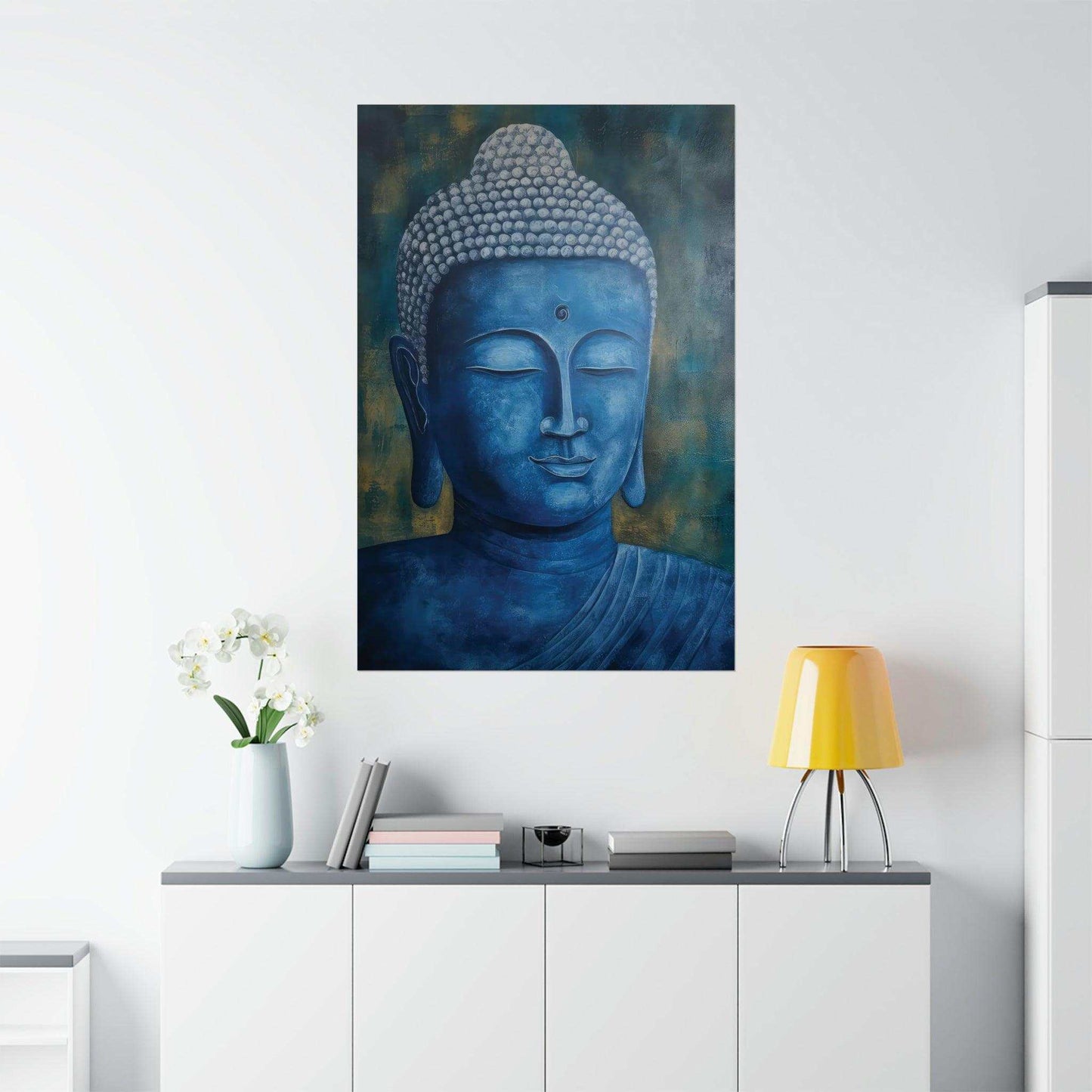 Oklahoma Zen Artwork from ZenArtBliss.com, featuring a serene Buddha in abstract blue tones, printed on matte paper for a sophisticated look.