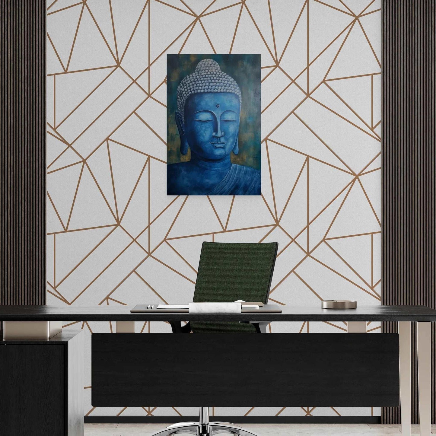 Modern office space with a geometric patterned wall, featuring a blue and gold Buddha painting that brings a touch of tranquility