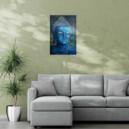 Living room corner with a blue and gold Buddha painting, accompanied by a potted plant and a cozy sectional sofa in a neutral tone.