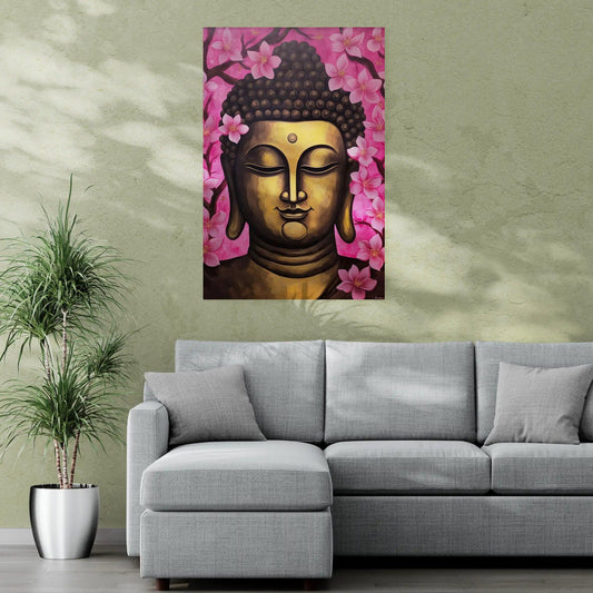 A vibrant wall art of Buddha's face in golden and brown hues, surrounded by radiant pink flowers, is showcased against a textured olive green wall. Adjacent to the artwork, a modern gray sectional sofa with a chaise lounge and a tall indoor potted plant add a sense of tranquility to the space.