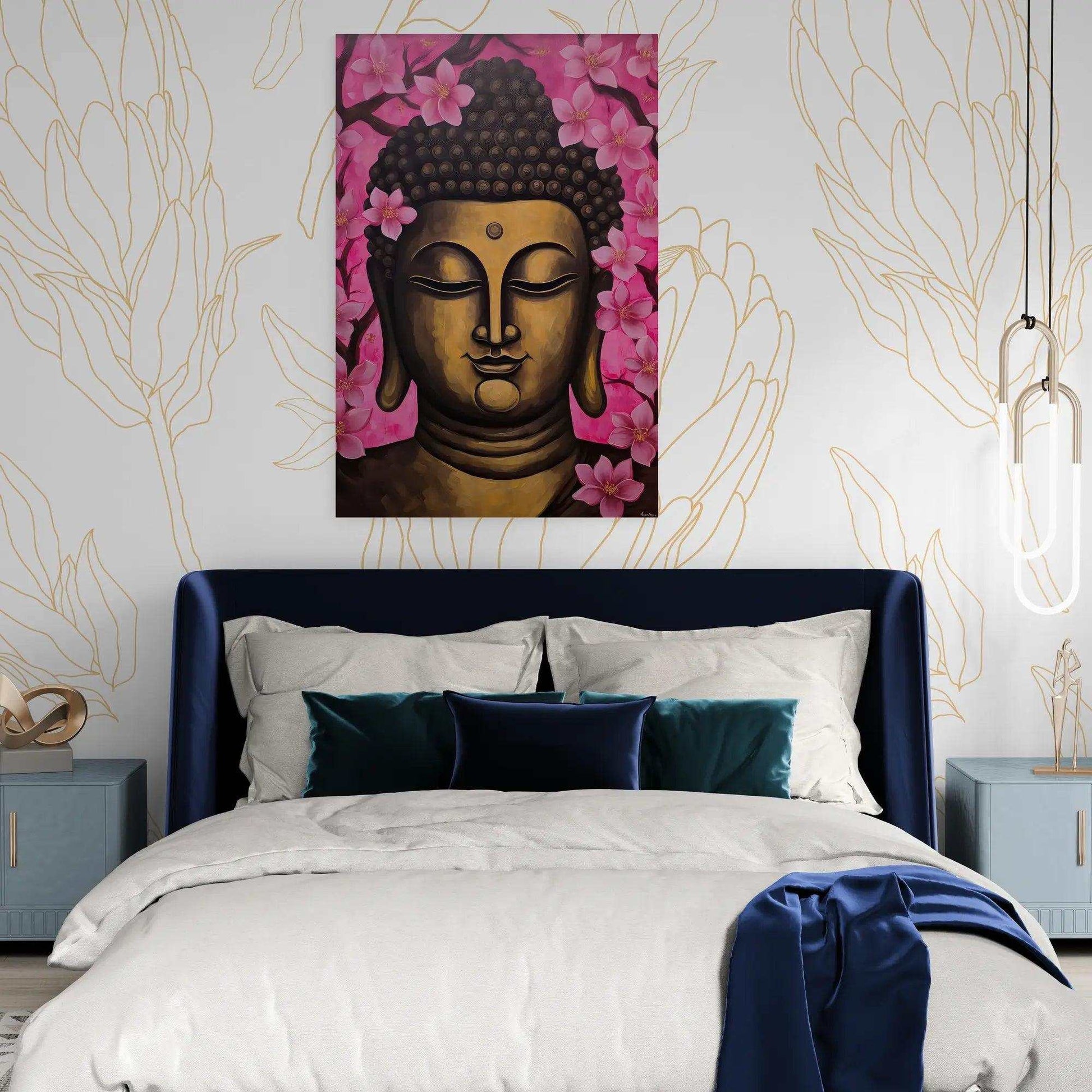 A serene Buddha painting with a gold and dark brown palette, adorned with pink cherry blossoms, hangs above a navy blue bed with plush bedding. The room's decor is complemented by an elegant, white line-drawn botanical wallpaper and a contemporary pendant light, creating a tranquil bedroom ambiance.