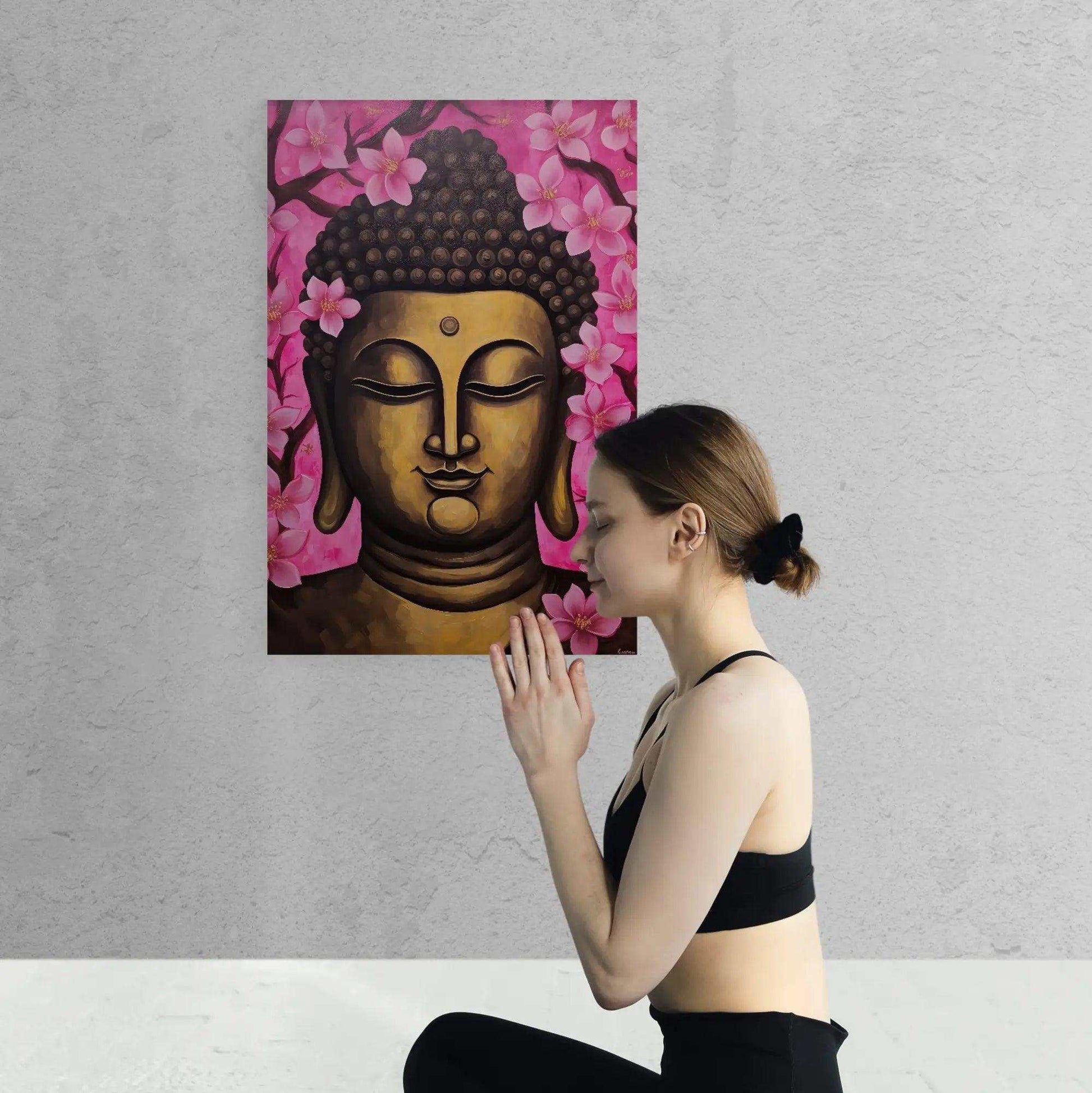 A woman in workout attire kneels and presses her hands together in a gesture of prayer or meditation before a portrait of Buddha framed by vibrant pink cherry blossoms. The artwork features warm golden and brown hues, creating a peaceful and contemplative atmosphere against the textured white wall.