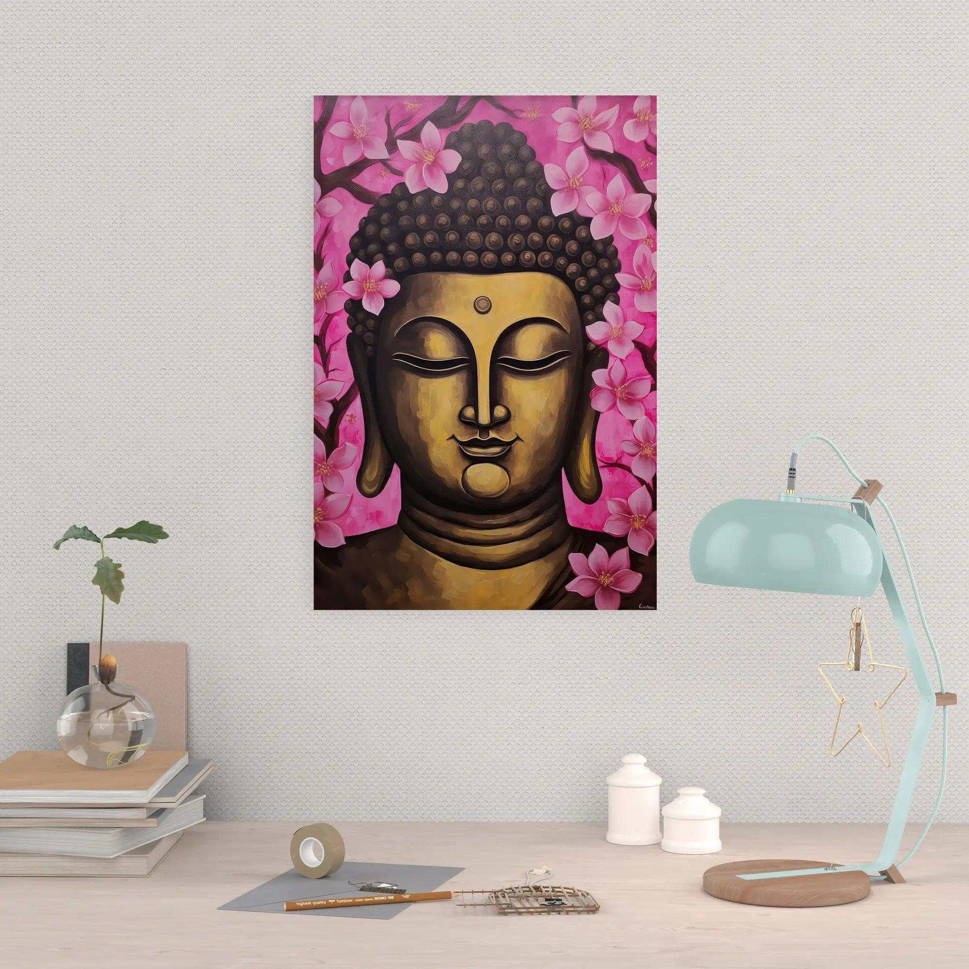 A serene portrait of Buddha surrounded by pink cherry blossoms, centered on a white textured wall above a modern workspace with a glass vase, stacked books, and a mint green desk lamp.