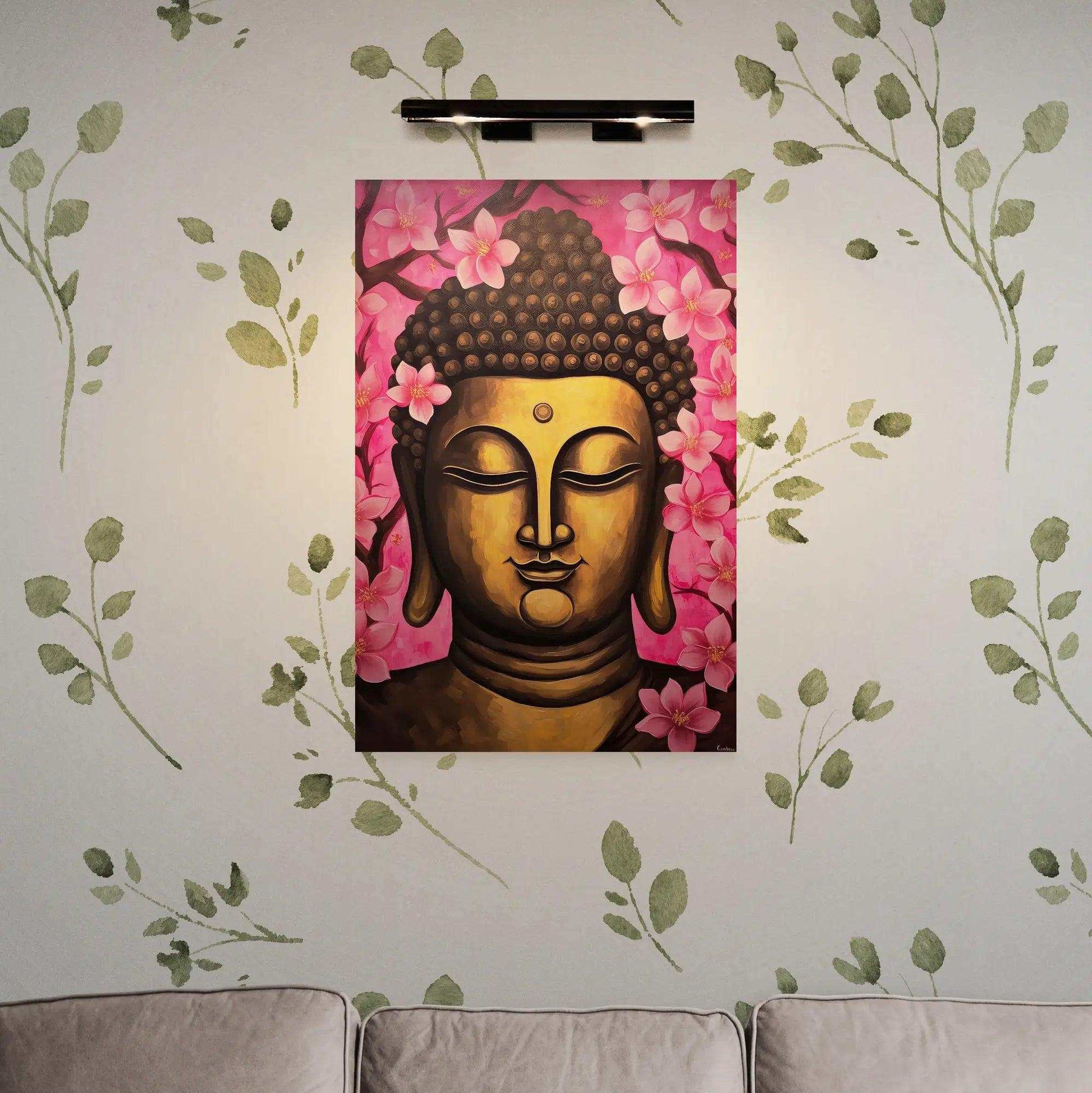 Vibrant Buddha portrait with radiant gold and pink tones, embellished by a backdrop of cherry blossoms, mounted on a wall with painted greenery, over a grey couch, under a sleek light fixture.