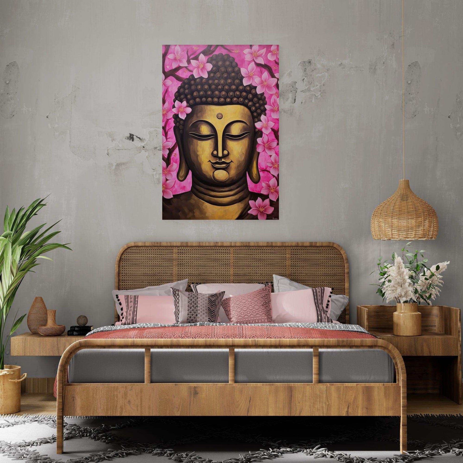 Buddha painting with deep pink cherry blossoms set against a rustic concrete wall above a wicker bed adorned with soft pink and patterned pillows, complemented by a woven hanging lamp and lush green plants.