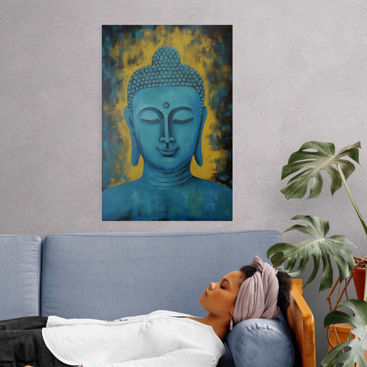 Woman in relaxation pose on a sofa under a teal and gold Buddha painting, evoking calmness in a modern living space