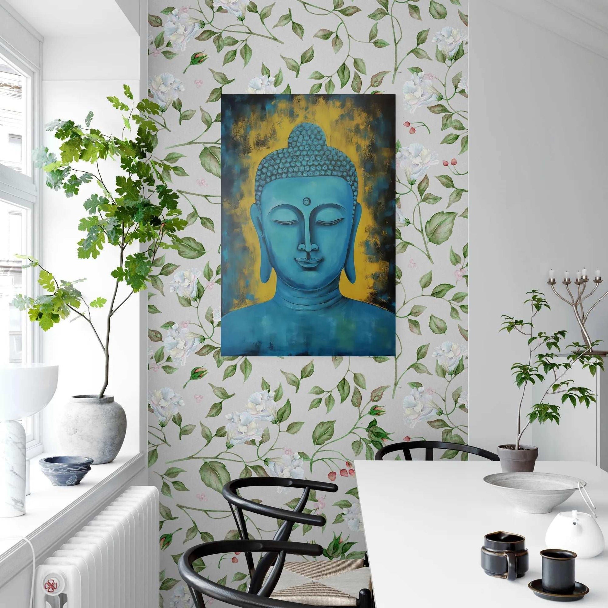 Bright dining area with a teal and gold Buddha painting, adding a touch of serenity against a floral wallpaper and natural light.