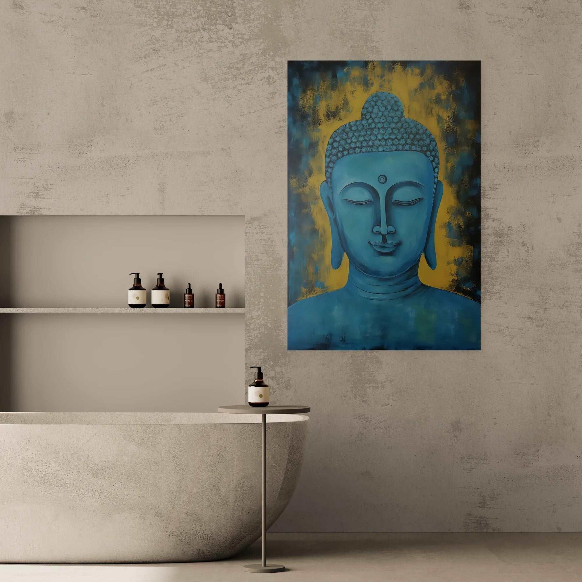 Sleek bathtub area featuring a teal and gold Buddha painting, creating a spa-like atmosphere with minimalist decor.
