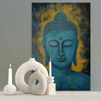 Minimalistic decor with a teal and gold Buddha painting, complemented by sculptural candles, enhancing the tranquil mood of the room.