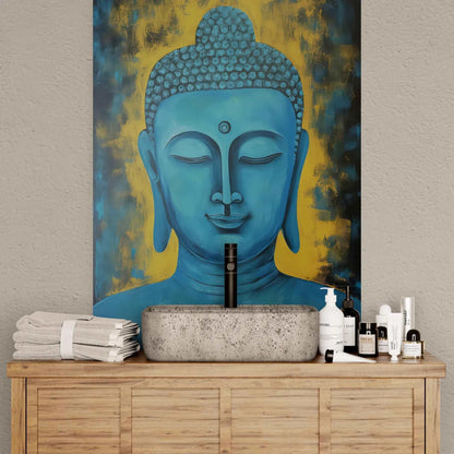 Teal and gold Buddha painting above a stone bathroom sink, paired with soft towels and toiletries for a serene ambiance.