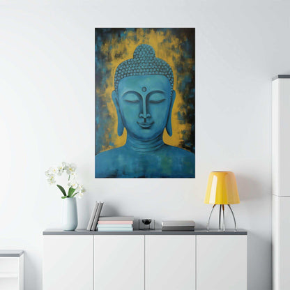ZenArtBliss.com's Oregon Zen Print featuring a serene Buddha in teal and gold tones, emphasizing tranquility in a high-quality matte finish.