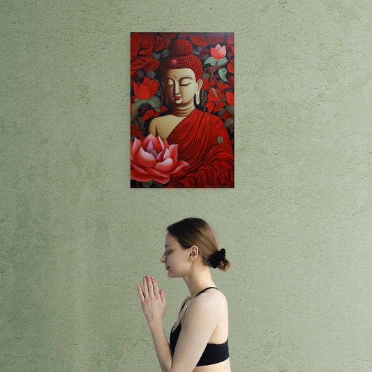 A woman in a meditative pose in front of a richly colored Buddha painting with a floral motif, bringing a peaceful ambiance to a simple, textured wall.