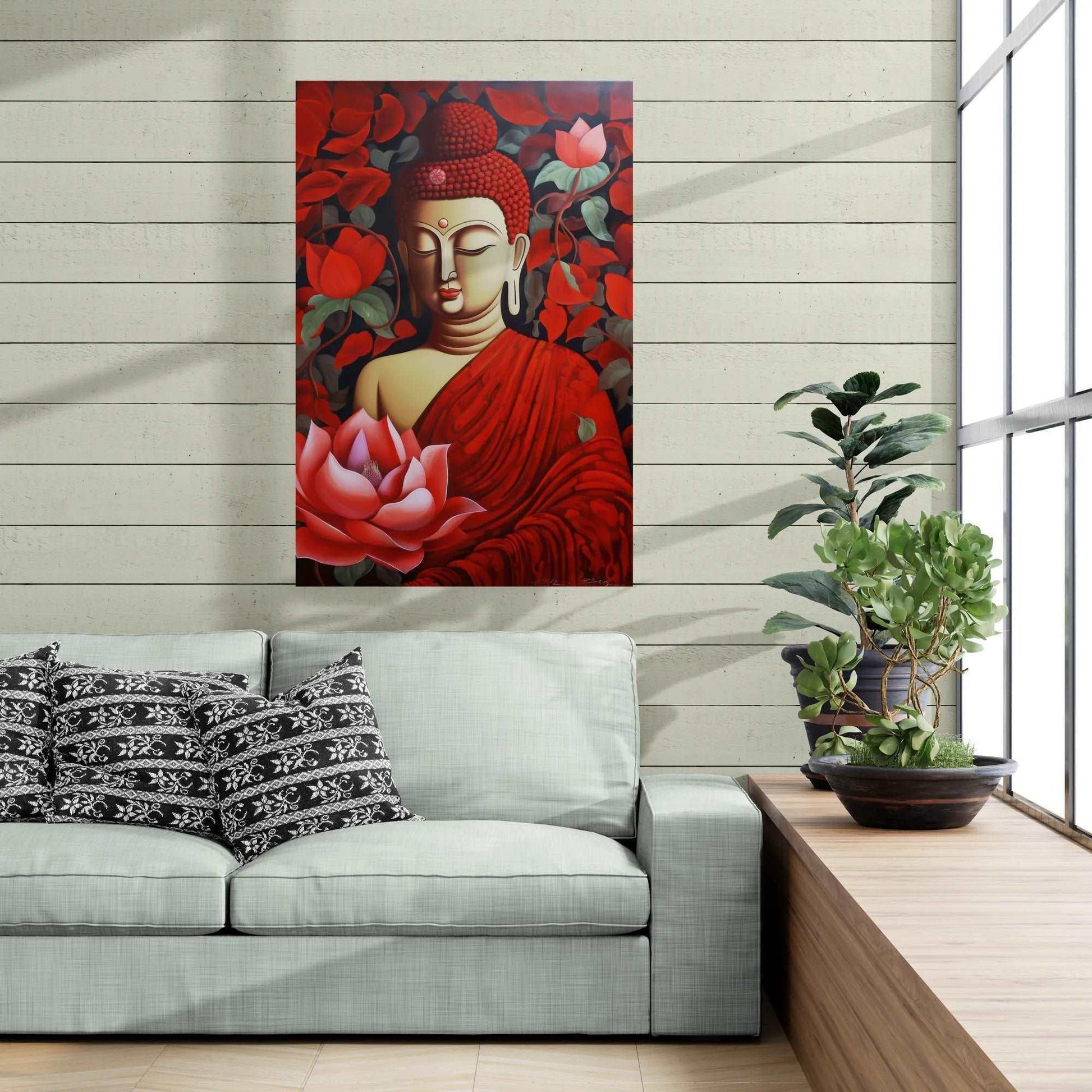Calm Buddha painting in red and gold hues, surrounded by red flowers, above a gray sofa with patterned cushions, juxtaposed against a light wooden wall in a modern living space.