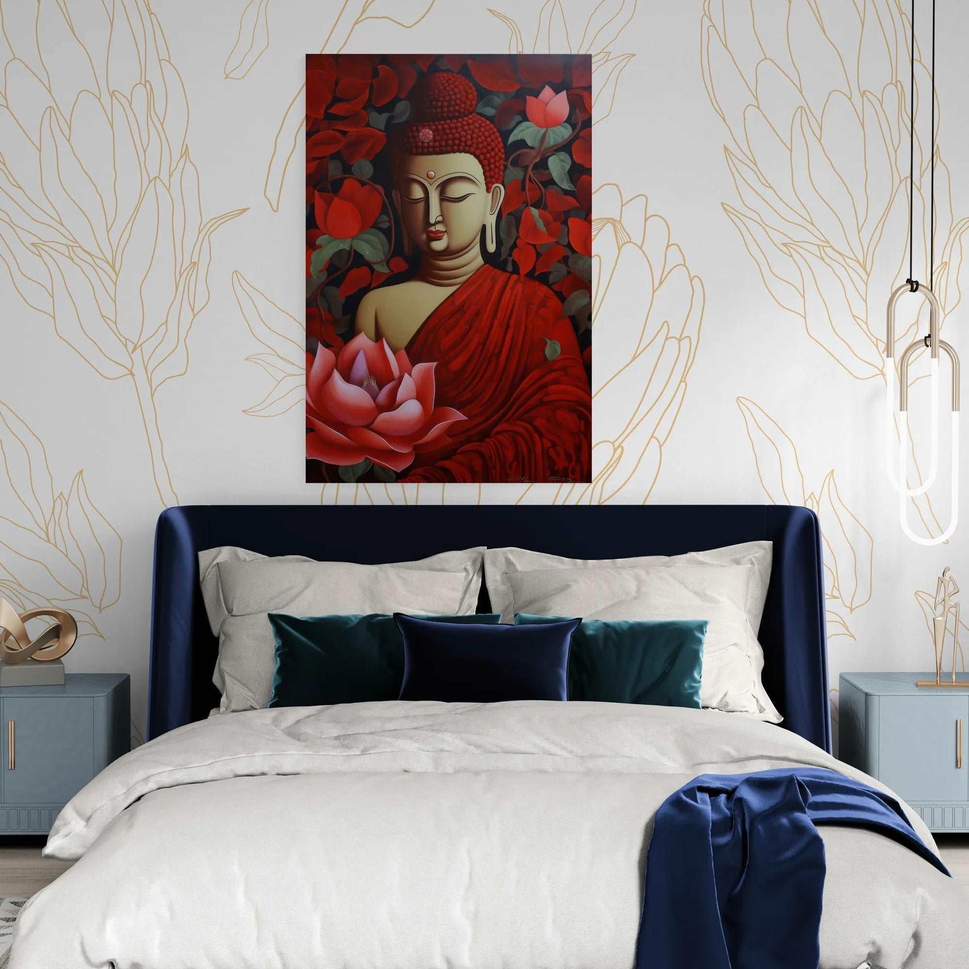 Red Buddha artwork with a large lotus flower, creating a serene focal point above a blue bed, harmonizing with the room's gold and white botanical wallpaper and luxurious bedding.