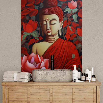 Detailed red and gold Buddha painting with floral elements, displayed above a wooden sideboard with towels and skincare products, contributing to a tranquil spa-like environment.