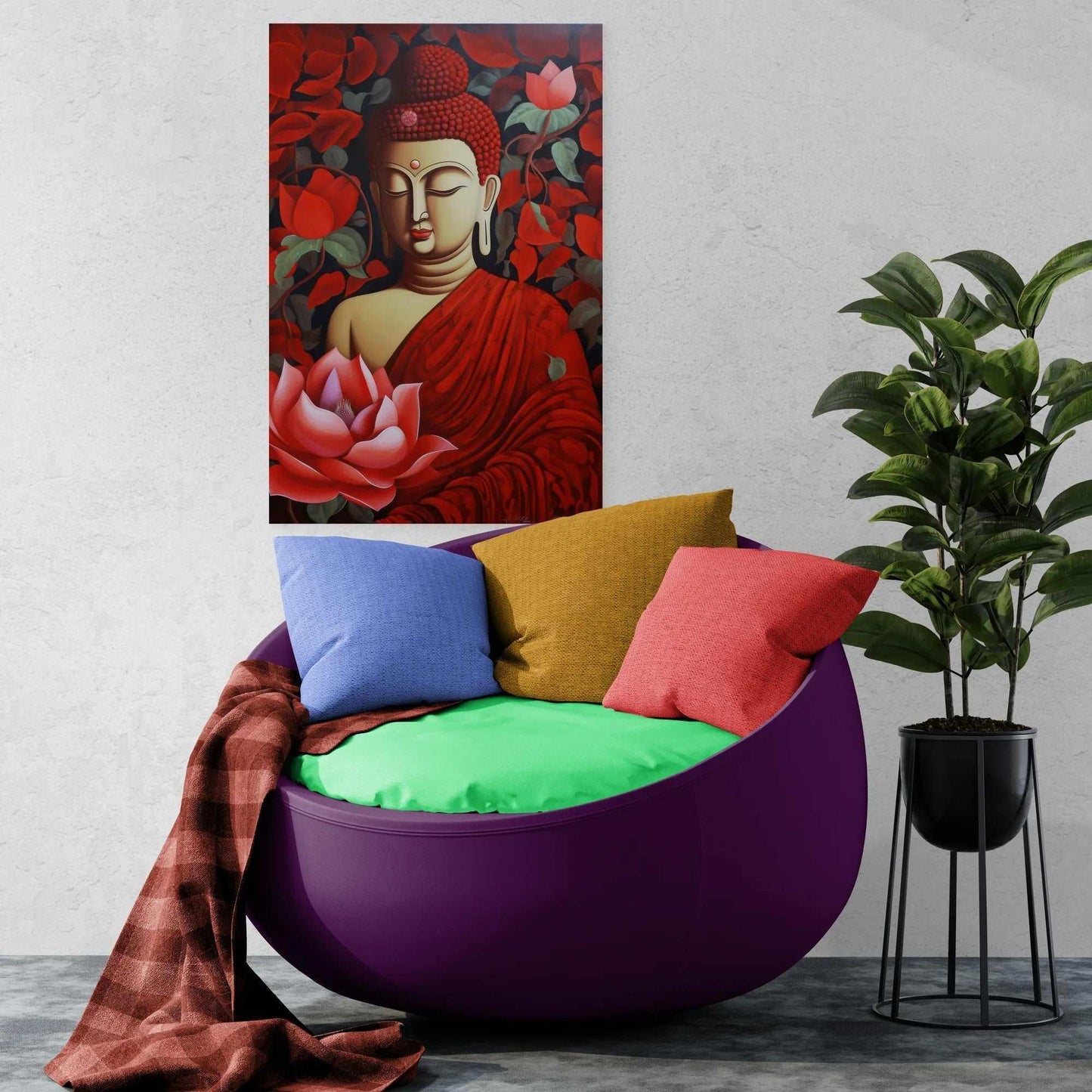 A red Buddha painting with a blooming lotus, placed above a vibrant round chair with colorful pillows, beside a potted plant, creating a lively and spirited corner.