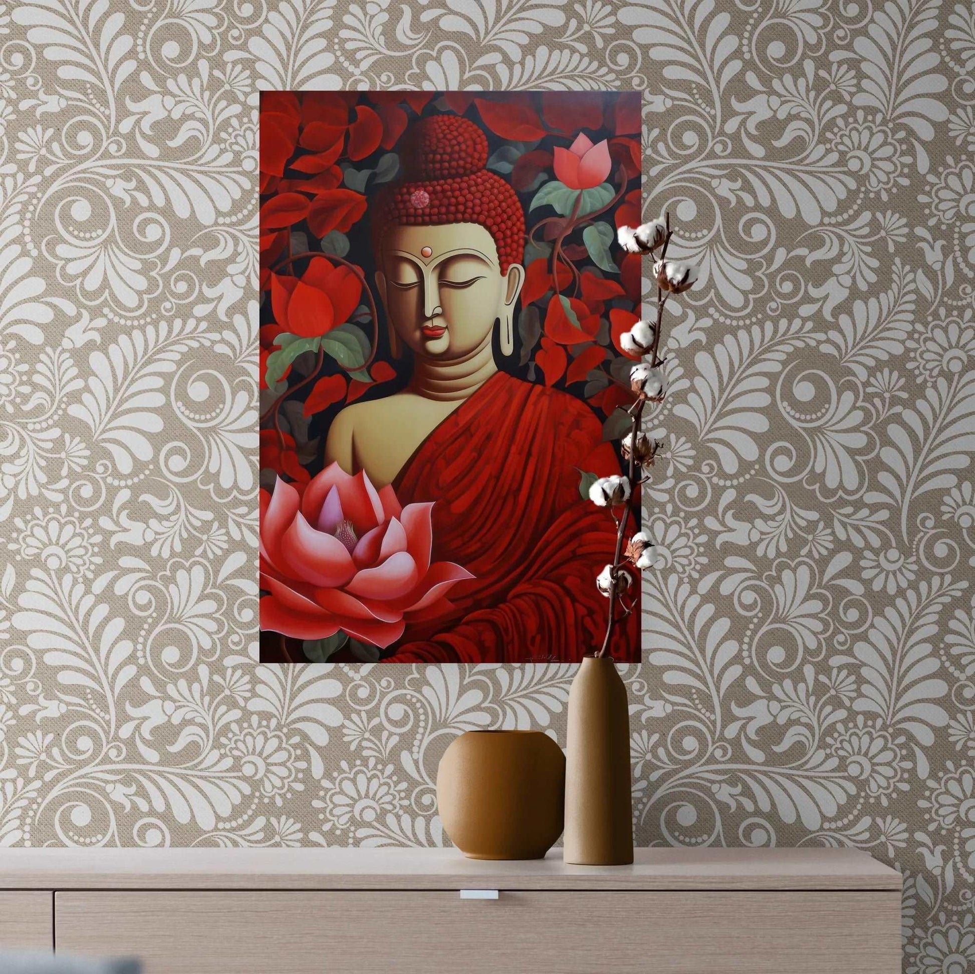 A red and gold Buddha painting against a background of roses, positioned over a wooden console with decorative vases and a cotton branch, enhancing an elegant wallpapered room.