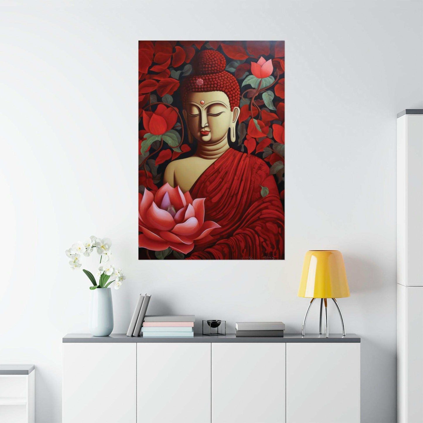 Abstract Red Buddha painting from ZenArtBliss.com, showcasing a sitting Buddha amid vibrant red flowers, printed on matte paper.