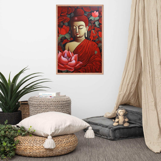 A framed poster of a red Buddha in meditation with a radiant red aura and a large pink lotus flower is set against a backdrop of dark red leaves, creating a peaceful corner in a room with a cozy reading nook, complete with cushions, a woven pouf, and a soft curtain. Nearby, a plush toy monkey adds a touch of playfulness to the tranquil setting.