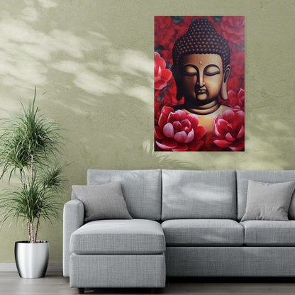 Serenity in Bloom - Red Buddha and Lotus Art -ZenArtBliss