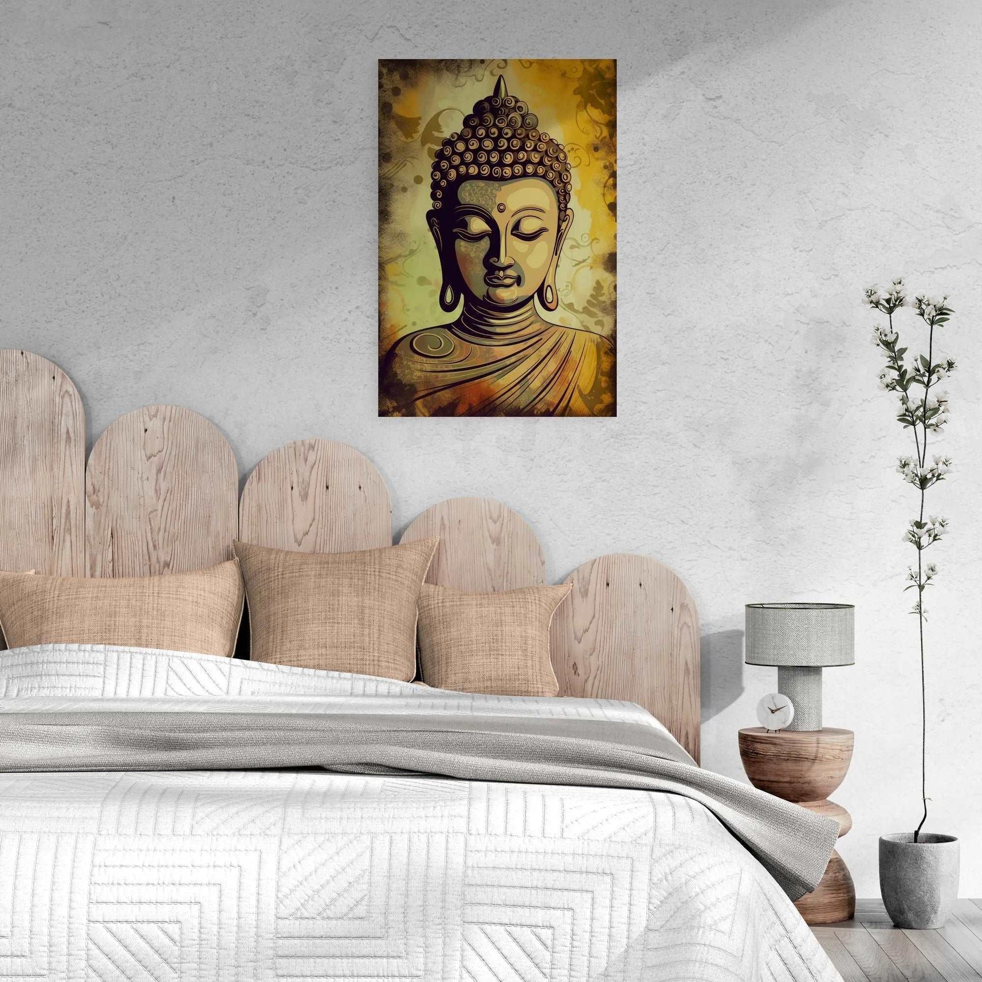 Serene Buddha head poster in golden yellow, amber, and brown tones without text, printed on premium matte paper.