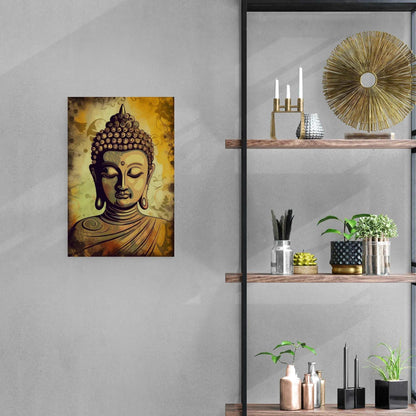 Serene Buddha head poster in golden yellow, amber, and brown tones without text, printed on premium matte paper.
