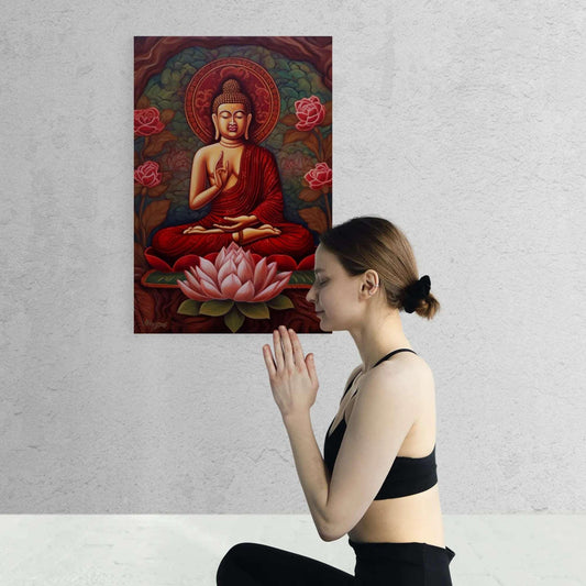 Woman in a yoga pose facing a seated Buddha painting in red and gold, with the artwork's calm and reflective nature enhancing the meditative quality of the space.